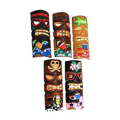 Set of 5 Polynesian Style Wooden Tiki Masks 10 in.