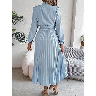 Womens Mock Neck Long Lantern Sleeve Dress Elegant Tie Front Flowy Cocktail Pleated Maxi Dresses