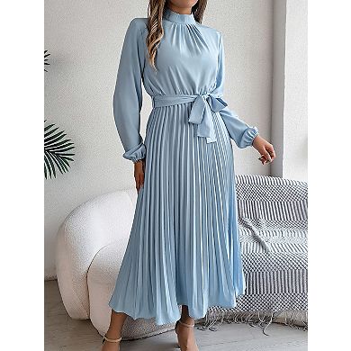 Womens Mock Neck Long Lantern Sleeve Dress Elegant Tie Front Flowy Cocktail Pleated Maxi Dresses