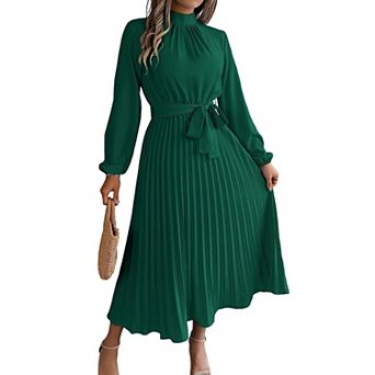 Womens Mock Neck Long Lantern Sleeve Dress Elegant Tie Front Flowy Cocktail Pleated Maxi Dresses