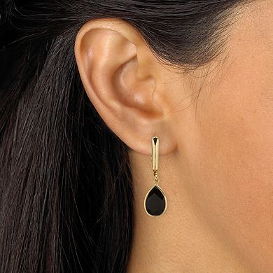 PalmBech Jewelry Pear-Shaped Genuine Onyx Yellow Gold-Plated Drop Earrings