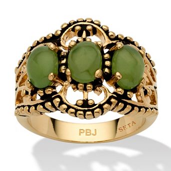 PalmBeach Jewelry Genuine Green Jade Gold-Plated Antique-Finish Triple-Stone Filigree Ring