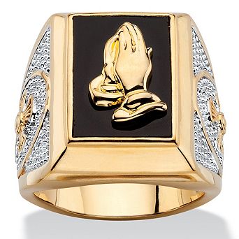 PalmBeach Jewelry Men's Emerald-Cut Genuine Black Onyx Gold-Plated Praying Hands Two-Tone Ring