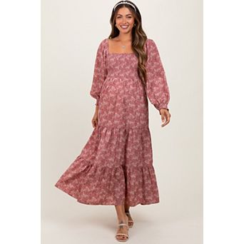 Maternity Floral Smocked Square Neck Maxi Dress