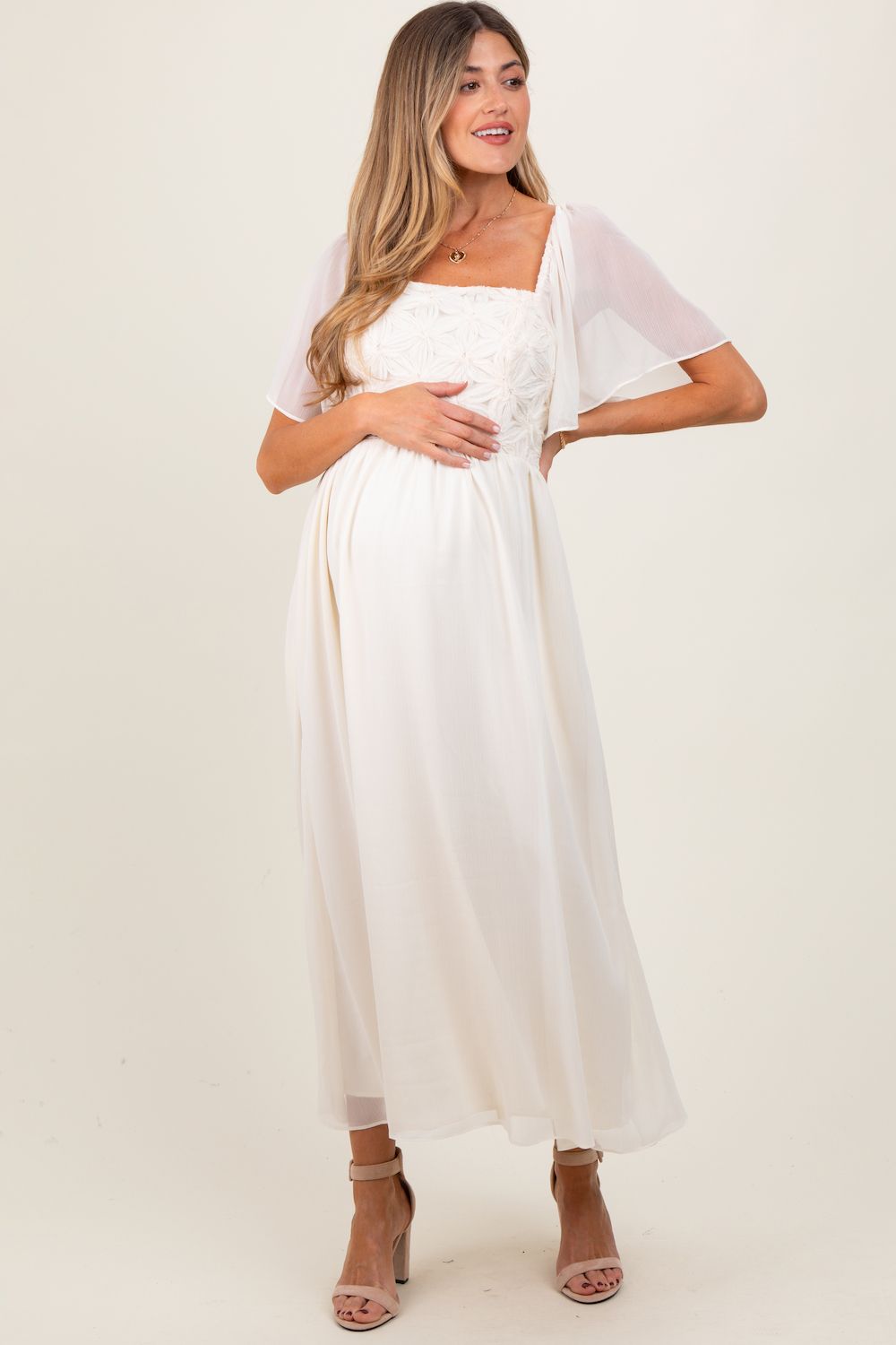 Женские платья Maternity Floral Applique Flutter Sleeved Midi Dress