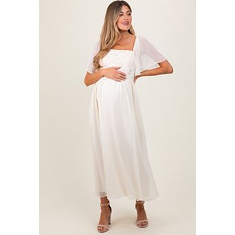 Maternity Floral Applique Flutter Sleeved Midi Dress