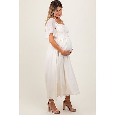 Maternity Floral Applique Flutter Sleeved Midi Dress