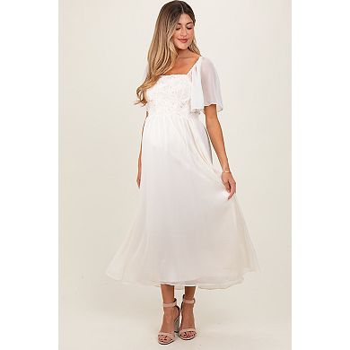 Maternity Floral Applique Flutter Sleeved Midi Dress