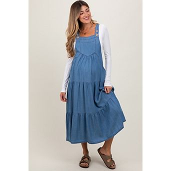 Maternity Chambray Overall Tiered Midi Dress