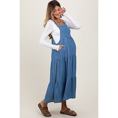 Maternity Chambray Overall Tiered Midi Dress