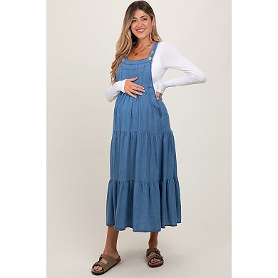 Maternity Chambray Overall Tiered Midi Dress