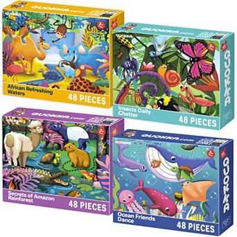 QUOKKA 4×48 pc Kids Puzzles Ages 46 Insects, African, Amazon & Ocean Animal Jigsaw Set