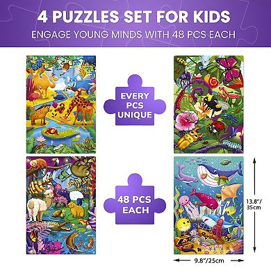 QUOKKA 4×48 Piece Kids Puzzles Ages 46 Insects, African, Amazon & Ocean Animal Jigsaw Set