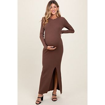 Maternity Ribbed Knit Long Sleeve Side Slit Maxi Dress