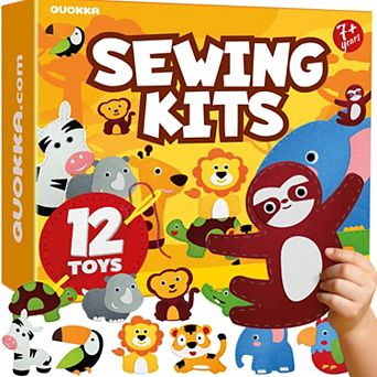QUOKKA Crafts DIY Beginner Needle & Thread Kit - 12 Safari Animals Sewing Kit for Kids 7-10 Years