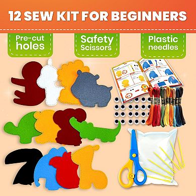 QUOKKA Crafts DIY Beginner Needle & Thread Kit - 12 Safari Animals Sewing Kit for Kids 7-10 Years
