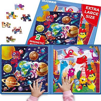 QUOKKA Magnetic Dinosaur & Space Puzzles 2x48 Set - Travel Puzzle Games for Toddlers Ages 3-5