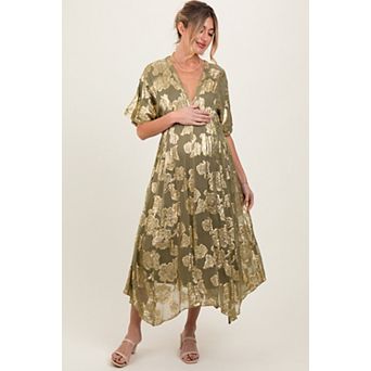 Maternity Metallic Floral Jacquard Overlay Maxi Dress