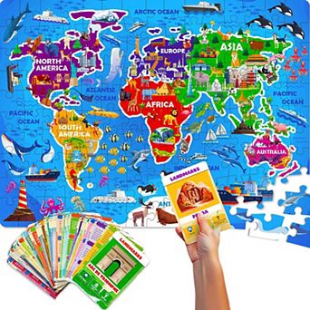 QUOKKA Jigsaw Puzzles World Map 150 pc with 50 Flashcards 400+ World Facts for Kids 4-8 Years