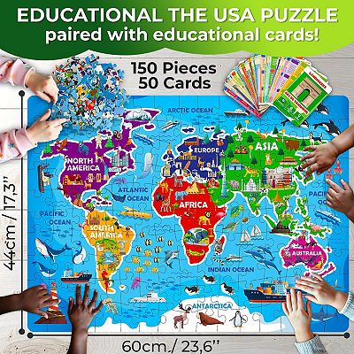 QUOKKA Jigsaw Puzzles World Map 150 Pieces with 50 Flashcards 400+