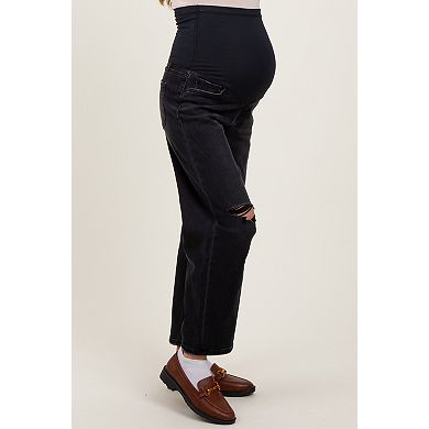 Maternity Distressed Open Knee Cropped Maternity Barrel Jeans
