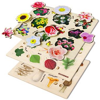 QUOKKA Wooden Puzzles for Toddlers 2-4 Montessori Learning Set with Mushrooms, Flowers & Leaves