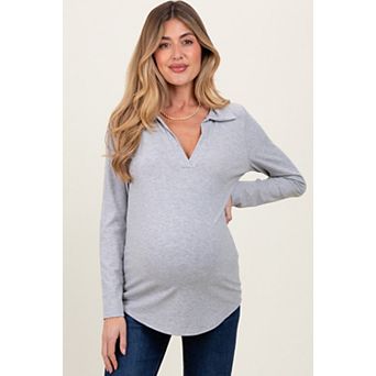 Maternity Grey Ribbed Collared Long Sleeve Top