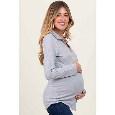 Maternity Grey Ribbed Collared Long Sleeve Top