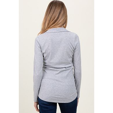 Maternity Grey Ribbed Collared Long Sleeve Top