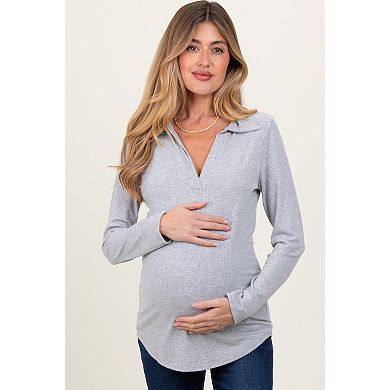 Maternity Grey Ribbed Collared Long Sleeve Top