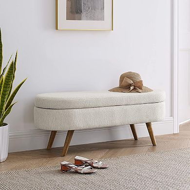 IDEALHOUSE Oval Storage Ottoman 43.5 Inch with Linen Upholstery and Wood Legs