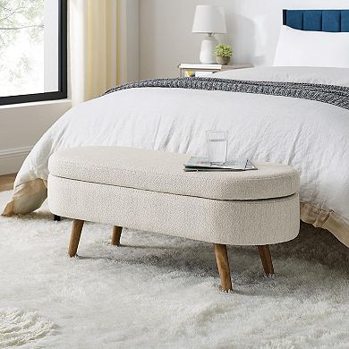 IDEALHOUSE Oval Storage Ottoman 43.5 Inch with Linen Upholstery and Wood Legs