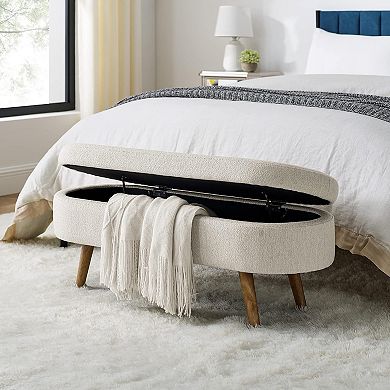 IDEALHOUSE Oval Storage Ottoman 43.5 Inch with Linen Upholstery and Wood Legs