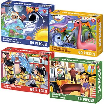 QUOKKA Set 4 Vertical Jigsaw Puzzles 60 pc For 5-7 Year with Dino, Space, Firefighters & Builders