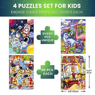 QUOKKA Set 4 Vertical Jigsaw Puzzles 60 Pcs For 5-7 Year with Dino, Space, Firefighters & Builders