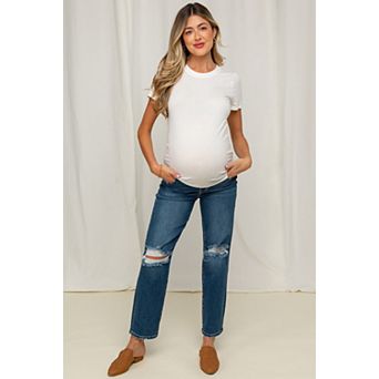 Maternity Blue Distressed Open Knee Cropped Maternity Straight Leg Jeans