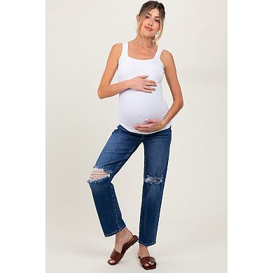 Maternity Blue Distressed Open Knee Cropped Maternity Straight Leg Jeans