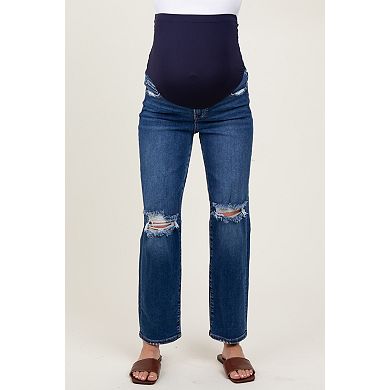 Maternity Blue Distressed Open Knee Cropped Maternity Straight Leg Jeans