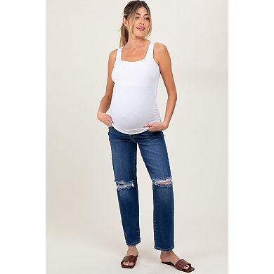 Maternity Blue Distressed Open Knee Cropped Maternity Straight Leg Jeans