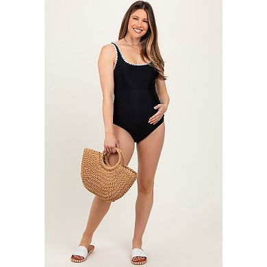 Maternity Embroidered Trim Back Cutout One Piece Swimsuit
