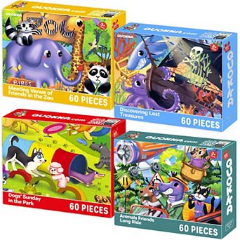 QUOKKA Set of 4 Vertical Jigsaw Puzzles 60 pc For 5-7 Year Olds - Learning Ocean, Animals & Zoo Park