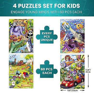 QUOKKA Set of 4 Vertical Jigsaw Puzzles 60Pcs For 5-7 Year Olds - Learning Ocean, Animals & Zoo Park