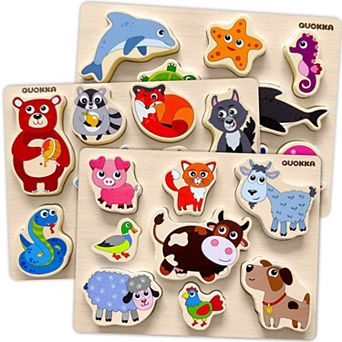 QUOKKA Wooden Chunky Puzzles Montessori Matching Animal Toys for Kids 2-4