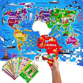 QUOKKA Jigsaw Puzzles World Map 70 pc with 50 Flashcards 400+ World Facts for Kids 4-8 Years