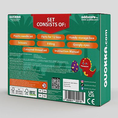 QUOKKA Crafts DIY Beginner Needle & Thread Kit - 12 Dino Animals Sewing Kit for Kids 7-10 Years