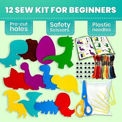 QUOKKA Crafts DIY Beginner Needle & Thread Kit - 12 Dino Animals Sewing Kit for Kids 7-10 Years
