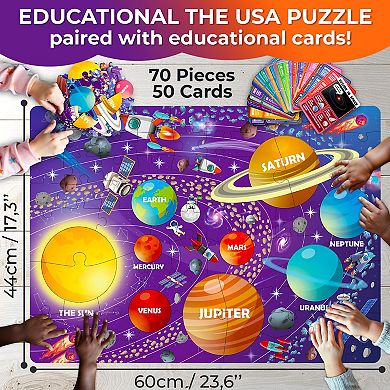 QUOKKA Jigsaw Puzzles Solar System 70 Pieces with 50 Flashcards 400+ Space Facts for Kids 4-8 Years