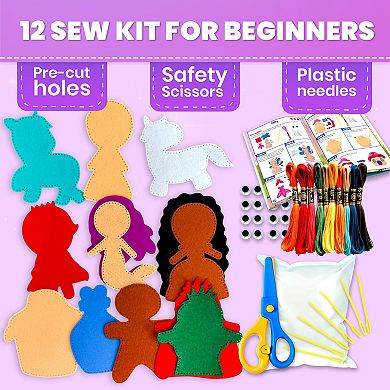 QUOKKA Crafts DIY Beginner Needle & Thread Kit - 12 Fairy Tale Sewing Kit for Kids 7-10 Years