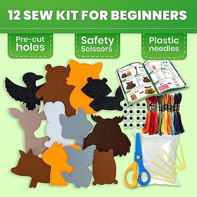 QUOKKA Crafts DIY Beginner Needle & Thread Kit - 12 Wild Animals Sewing Kit for Kids 7-10 Years