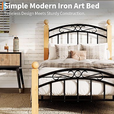 Wooden Slat Platform Bed Frame with Headboard No Box Spring Needed, Noise-Free, Underbed Storage